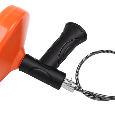 Close-up of Heavy Duty Toilet Snake Auger For Sweeping Away Tough Pipe Clogs And Sink Gunk with black grip handle and metal cable.