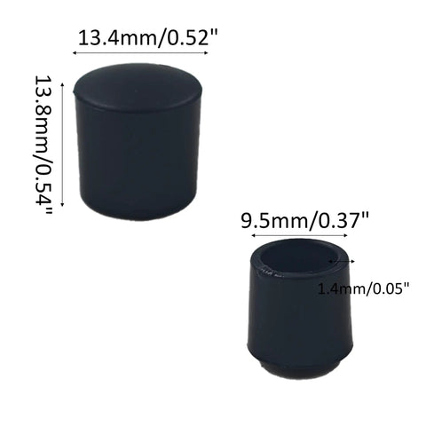 30 Pack 0.39 Inch Door Stop Bumper Caps Black Rubber Wall Protectors shown in two sizes with dimensions labeled.
