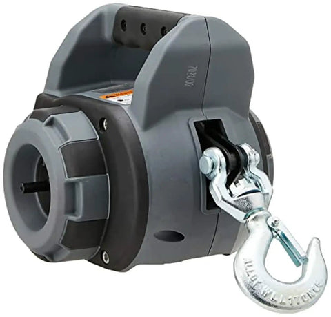 Drill Winch 750 Lb Pulling Capacity With 40 Ft Synthetic Rope Portable And Easy To Use For Light Duty Towing Vehicle Recovery And Quick Winching Tasks, gray drill winch with metal hook