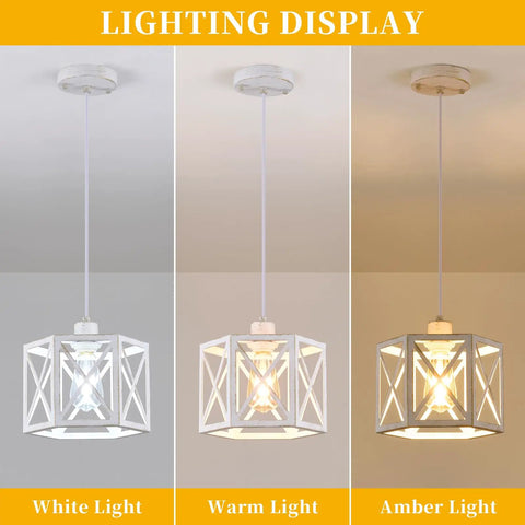 Farmhouse Pendant Lights 2 Pack With Rustic Distressed White Wood And Matte Black Metal Cage Adjustable Mini Pendant Lamps No Glass For Kitchen Island Dining Room And Entryway Dope Modern Farmhouse Look lighting display with white, warm, and amber light options.