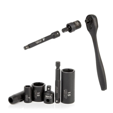 Quarter Inch Drive Impact Socket Set 54 Piece Metric And Standard Deep And Shallow Sockets displayed with ratchet and adapters.