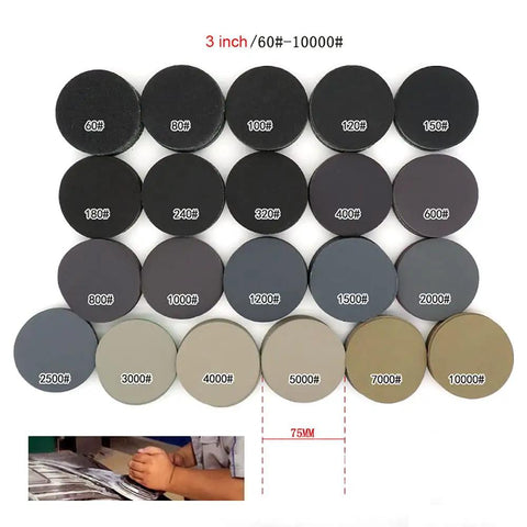 Top Shelf 30 Pack 3 Inch Hook Loop Sanding Discs Waterproof Silicon Carbide Rounds 60 To 10000 Grit Wet Dry Sandpaper For Steel Wood Glass Deburring That Gets It Done Fast assorted sandpaper grits displayed.