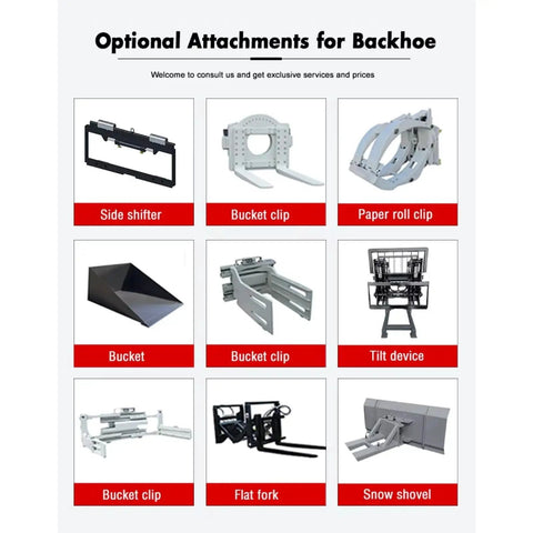 Optional attachments for backhoe including bucket clip, side shifter, flat fork, and snow shovel displayed in grid layout.