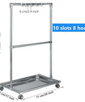Stainless Steel Movable Broom Holder Organizer For Closet Storage And Mop Rack Floor Standing Cleaning Supplies Cart Durable And Easy To Install For Garden Garage Schools Hotels Hospitals Factories And Restaurants with 10 slots and 8 hooks, includes dimensions.