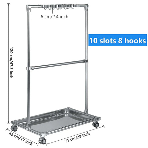 Stainless Steel Movable Broom Holder Organizer For Closet Storage And Mop Rack Floor Standing Cleaning Supplies Cart Durable And Easy To Install For Garden Garage Schools Hotels Hospitals Factories And Restaurants with 10 slots and 8 hooks, includes dimensions.