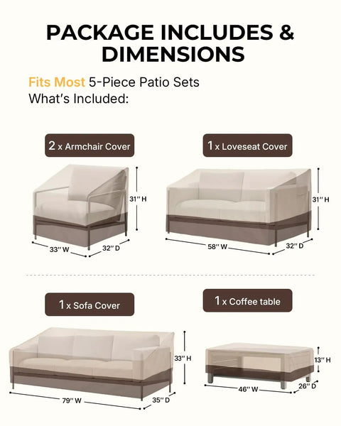Five Piece Outdoor Patio Furniture Cover Set Waterproof 600D Built Tough Covers For Chairs Loveseat Sofa And Coffee Table