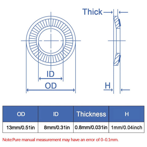 M8 304 stainless steel lock washer dimensions and specifications, showcasing outer diameter 13mm and inner diameter 8mm.