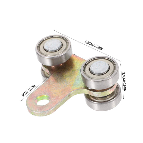 Premium stainless steel trolley rollers for sliding door track systems with four wheels, dimensions visible.