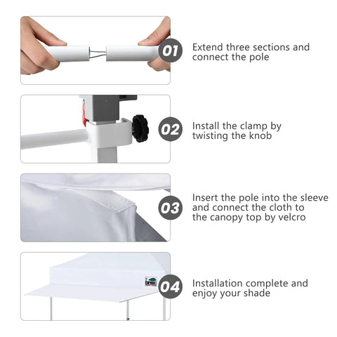 Steps for installing 10ft Pop Up Canopy Sunshade Extension Tarp 120x36 Inches Adds 30 Sq Ft Extra Shade for 10x10 Square Leg Tents