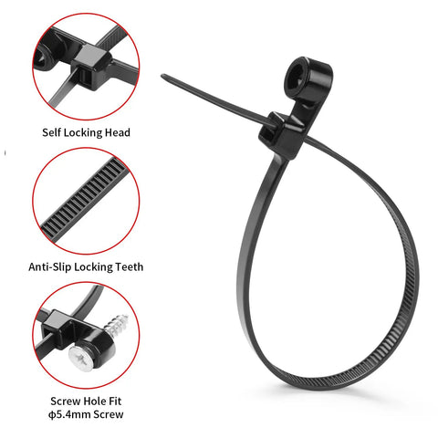 Heavy Duty Black Zip Ties With Screw Hole Mounting 12 Inch 75 Lbs Tensile Strength 200 Pack Nylon Cable Ties With Mounting Hole
