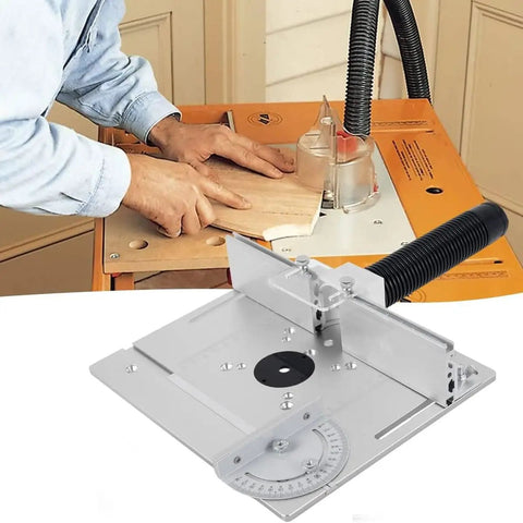Rock Solid Aluminum Router Table Insert Plate 9.4 By 7.9 Inches with clear safety cover used for precision woodworking.