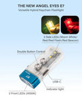 EDC Keychain Flashlight With USB C Rechargeable Power 4000K warm white 95 plus CRI, glow in the dark blue shell, sidelight, red light.