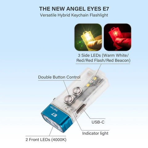 EDC Keychain Flashlight With USB C Rechargeable Power 4000K warm white 95 plus CRI, glow in the dark blue shell, sidelight, red light.