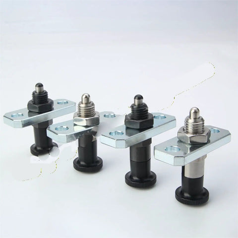 Heavy Duty Spring Loaded Indexing Plunger With Locking Knob And Flanged Base, showing M8 M10 M12 M16 variants for jig setups.