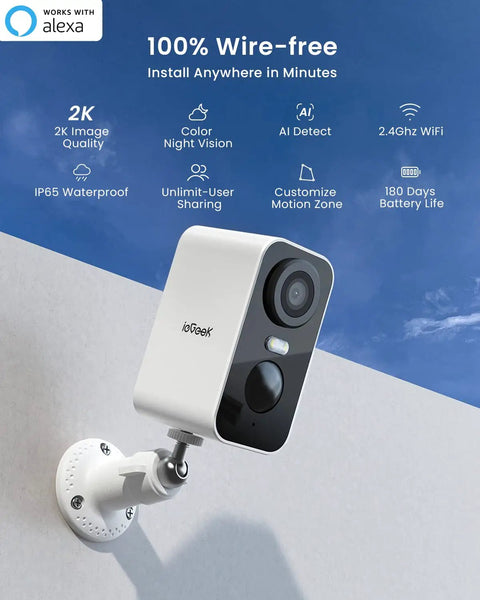 Wireless Outdoor Security Cameras 2 Pack, No Wires Needed 2K WiFi Surveillance System mounted on wall in sunny outdoor setting.