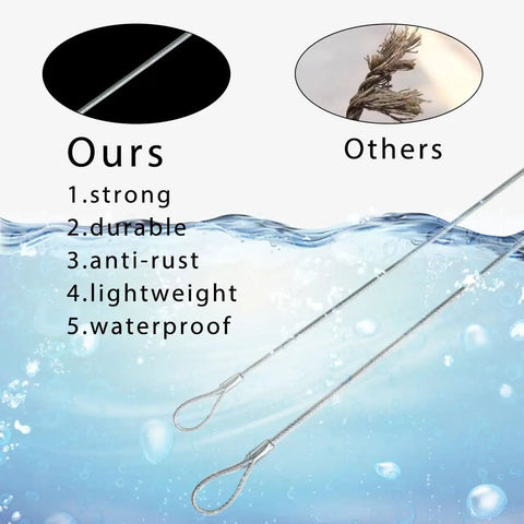 Comparison of strong braided stainless steel and frayed cable in water for five pack luggage safety cables, braided stainless steel with loops
