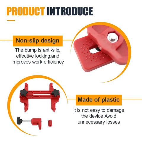 Front view of 9-piece automotive timing tool kit with red plastic dual camshaft clamp and accessories.