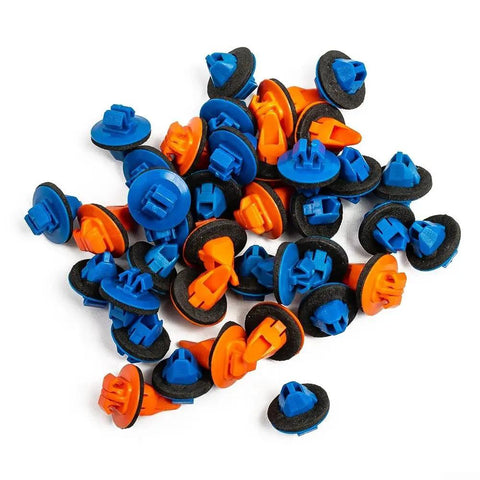 Premium Nylon Mudguard Flare Retainer Clip Kit Direct Replacement For Toyota Tacoma RAV4 Highlander FJ Cruiser 4Runner Fender Trim Bumper 38 Piece Multi Set Built Tough Weather Resistant Drop In Fit No Hassle Install Long Lasting Garage Gear blue and orange nylon clips on white background