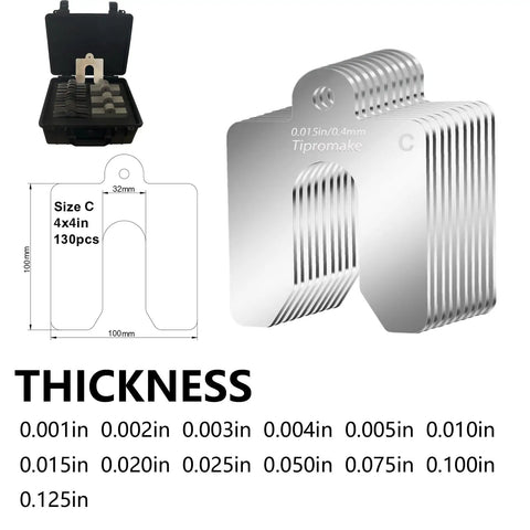 Pro Grade 130 Piece Shim Stock Kit 4x4 Inch Slotted Stainless Steel 304 With Storage Case 13 Thicknesses From 0.001 To 0.125 Inch For Dial In Leveling Machinist Tools And Machine Calibration showcased with shims and case