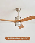 YPDJVLTI 106-132cm Ceiling Fans Lights LED Fandelier with solid wood blades, mounted on ceiling, light off.
