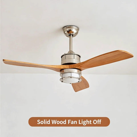 YPDJVLTI 106-132cm Ceiling Fans Lights LED Fandelier with solid wood blades, mounted on ceiling, light off.