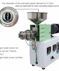 Close-up of Heavy Duty Desktop 3D Printer Filament Maker Machine with nitrogen steel screw rod, showing filament extruder and hopper.