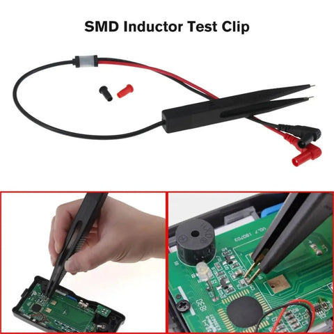 All In One SMD SMT Test Clip Leads For Digital Multimeters Probe Tweezers with gold-plated connectors testing a circuit board.