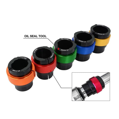 Universal CNC Front Fork Oil Seal Driver Tool Kit 28 To 50mm For Dirt Bike And Motorcycle Suspension Maintenance, color-coded tools.