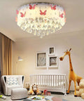 Pink Butterfly LED Crystal Chandelier Flush Mount Ceiling Light With Drum Shade Cute Vibe For Girls Kids Room
