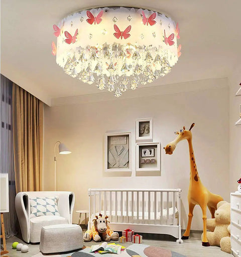 Pink Butterfly LED Crystal Chandelier Flush Mount Ceiling Light With Drum Shade Cute Vibe For Girls Kids Room