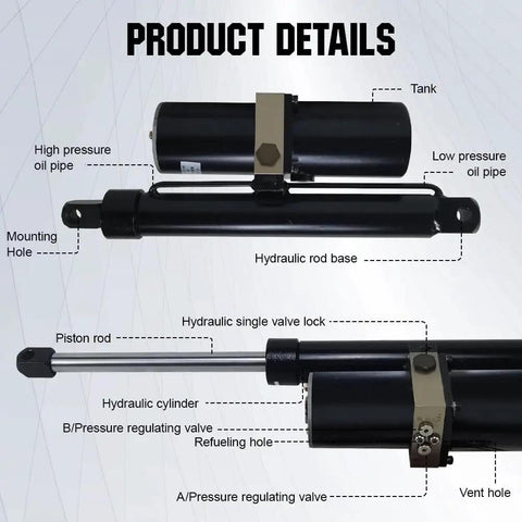 Heavy Duty 12V Hydraulic Linear Actuator Delivering Rock Solid Power Over A Smooth Twelve Inch Range With Zero Sweat Load Capacity Of Seventeen Hundred Pounds displayed with labeled components.