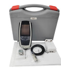 Heavy Duty Portable Vibration Analyzer Meter With Sick Precision And Kickass Build Quality For Measuring Acceleration Velocity Displacement On Industrial Machinery in a gray carrying case with accessories.