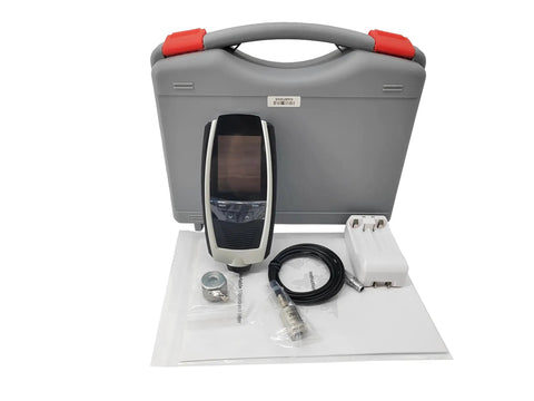 Heavy Duty Portable Vibration Analyzer Meter With Sick Precision And Kickass Build Quality For Measuring Acceleration Velocity Displacement On Industrial Machinery in a gray carrying case with accessories.