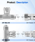 Heavy Duty Hydraulic Tee Fittings Three Eighths JIC Male To Male And Three Eighths JIC Female Swivel 360 Degree Rotating End Carbon Steel 37 Degree Flare SAE J514 Tee Connector Two Pack, 3/8 JIC tee layout