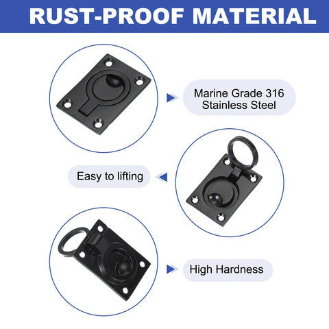 Flush Pull Ring Handle 2-1/2 To 1-3/4 Inch Square Recessed Door Pull Marine Grade 316 Stainless Steel Black Finish Hidden Boat Hatch Latch