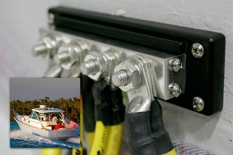 2104 PowerBar BusBar With Four Eighth Inch Terminal Studs, 600 Amp DC Max and 545 Amp Continuous in a marine setup