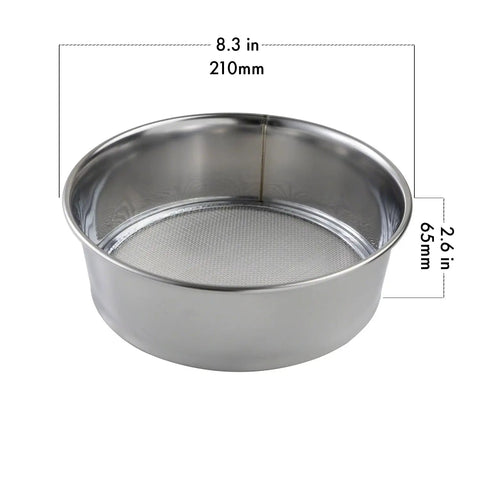 3-Piece Pro-Grade Soil Sieve Set For Bonsai And Garden Projects, 8.25 Inch Stainless Frame with dimensions displayed