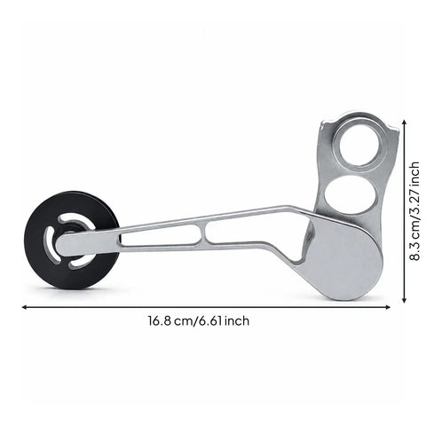 Rear Derailleur Chain Tensioner With 11T Pulley For Folding Bikes, silver aluminum build, 16.8cm long, detailed side view.