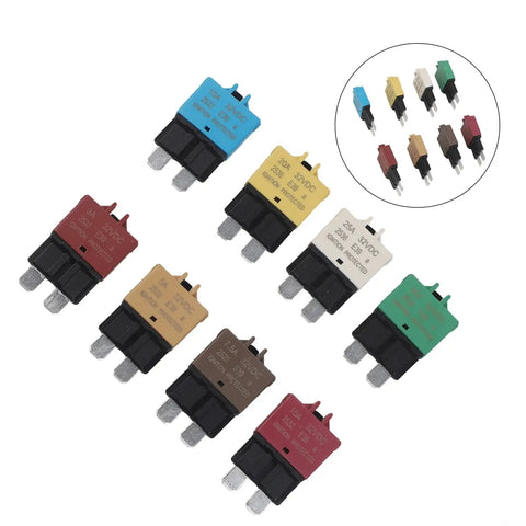 Heavy Duty 8 Pack Circuit Breaker Kit 3A To 30A Range With No Hassle Auto Reset Surge Guard for Car Truck RV Marine showing various circuit breakers.