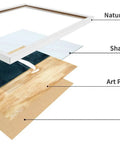 Exploded view of Sailboat And Landscape Illustration Print Set In White Frame showing layers: oak frame, plexiglass, poster, backing