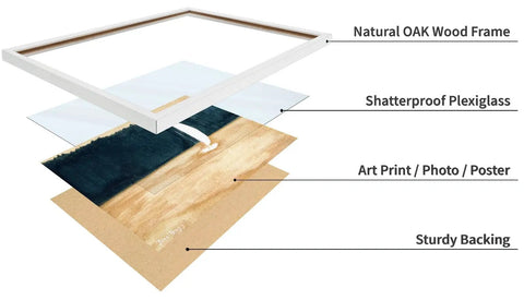 Exploded view of Sailboat And Landscape Illustration Print Set In White Frame showing layers: oak frame, plexiglass, poster, backing