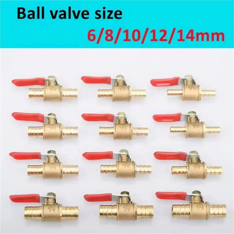 Heavy Duty Brass Ball Valve With Hose Barb Fitting Transitions 1/4 Inch To 12mm Tubing in various sizes, showcasing gold material and red handles.