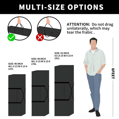 Comparison chart showing 52 Inch Extra Large Duffle Bag For Travel And Gear 190L Water Resistant Duffle sizes next to a person for scale.