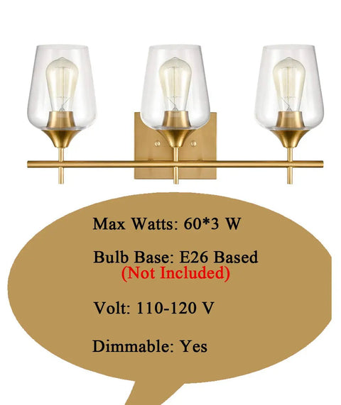 Industrial Bathroom Vanity Lights 3 Light Wall Sconces With Clear Glass Shades And Gold Finish Mid Century Inspired Bath Vanity Lighting For Modern Homes Easy Install Durable And Stylish, front view