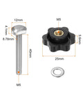 Five Piece M5 T Track Bolt And Hex Knob Set Includes Tough Stainless Steel T Bolts And Smooth Plastic Knobs With Solid Brass Inserts That Lock Down Woodworking Jigs And Fixtures With Zero Play Offering Rock Steady Grip All Day Long On The Bench - M5 bolt and black hex knob with dimensions.