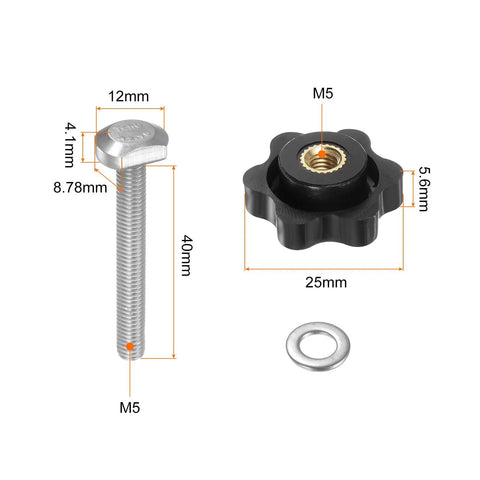 Five Piece M5 T Track Bolt And Hex Knob Set Includes Tough Stainless Steel T Bolts And Smooth Plastic Knobs With Solid Brass Inserts That Lock Down Woodworking Jigs And Fixtures With Zero Play Offering Rock Steady Grip All Day Long On The Bench - M5 bolt and black hex knob with dimensions.
