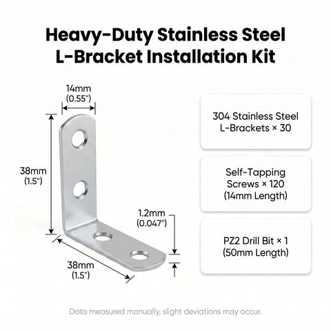 Heavy Duty Stainless Steel L Brackets For Wood, 38mm L-bracket with dimensions for furniture assembly and drawer repair.