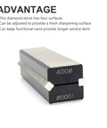 Top Shelf Four Sided Sharpening Stone With Slick Removable Block And Diamond Sand Strips Grit 300 Through 1000, showcasing grits 400 and #000.
