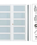 White Frosted Glass Sliding Barn Door Kit For 60 By 80 Inch Openings Dual 31 Inch Panels With Five Lite Glass Bypass Closet Door Hardware Included