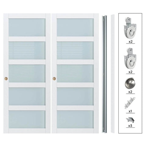 White Frosted Glass Sliding Barn Door Kit For 60 By 80 Inch Openings Dual 31 Inch Panels With Five Lite Glass Bypass Closet Door Hardware Included